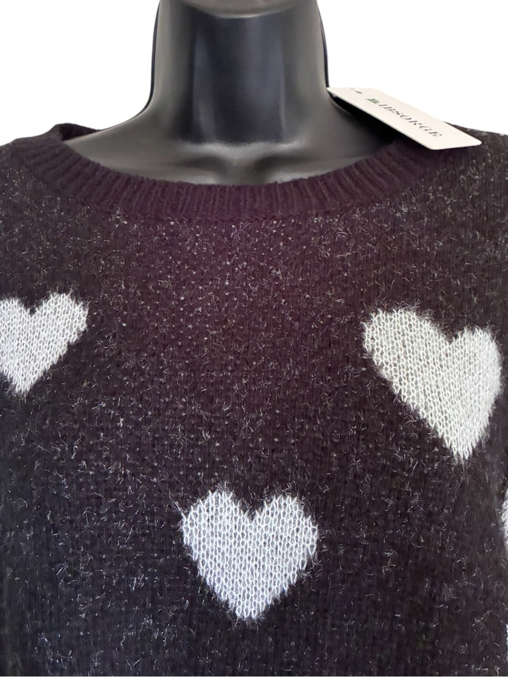 Black Silver Heart Pattern Valentines Day Sweater - Cozy Crewneck Sz L - Picture 4 of 9